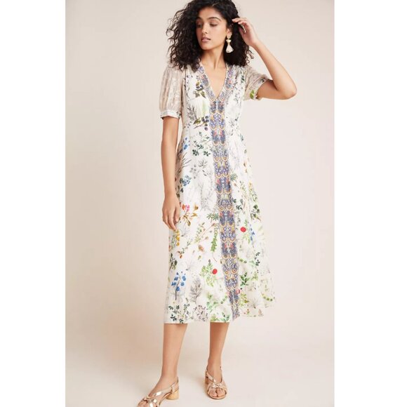 Anthropologie Women’s XS Donna Floral Embroidered Cream Midi Dress Cottagecore - Picture 1 of 12